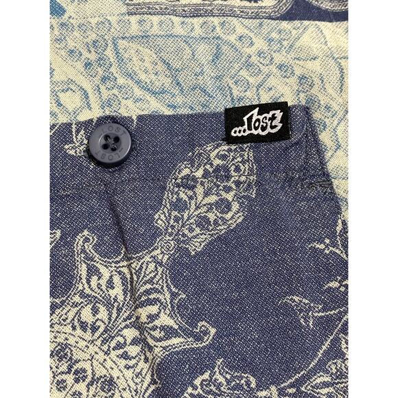 Lost Shirt Mens XL Blue Patchwork Denim Look Viscose/Linen Hawaiian Button Up - Picture 8 of 9